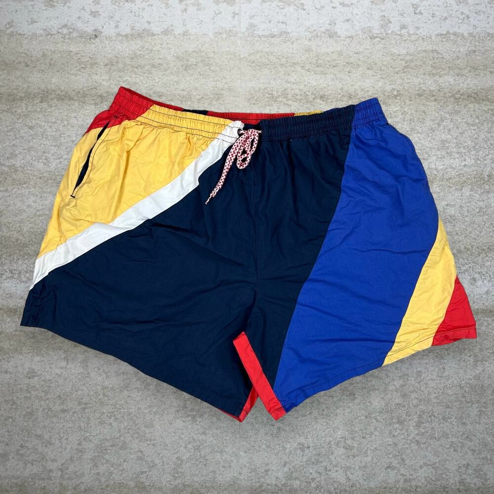 Vintage 90s Swim Trunks Mens XL Baggy Red Yellow Black White Lined